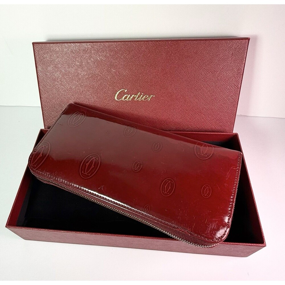 Cartier Bordeaux Red Happy Birthday Patent Leather Zippy Zip Around Long Wallet